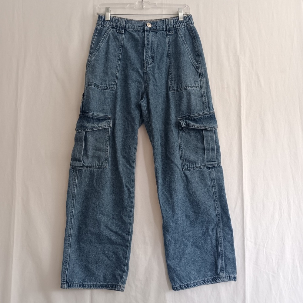 Wax Jean Collection Light Wash Wide Leg Cargo Pant Blue Denim Utility Womens EUC